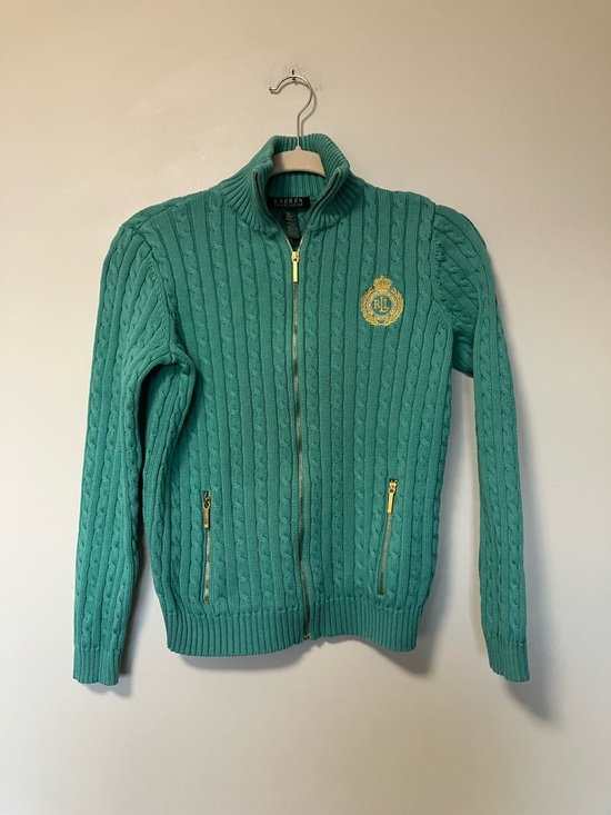 Ralph Lauren Sweaters - Ralph Lauren Green Turquoise Cable-Knit Full-Zip Sweater with Crest